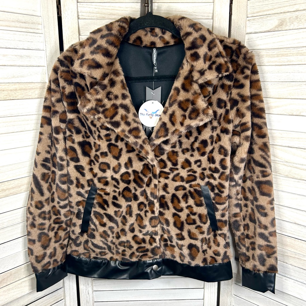 Crazy Train Leopard Print Leather Faux Fur Bomber Jacket Brown And Black New